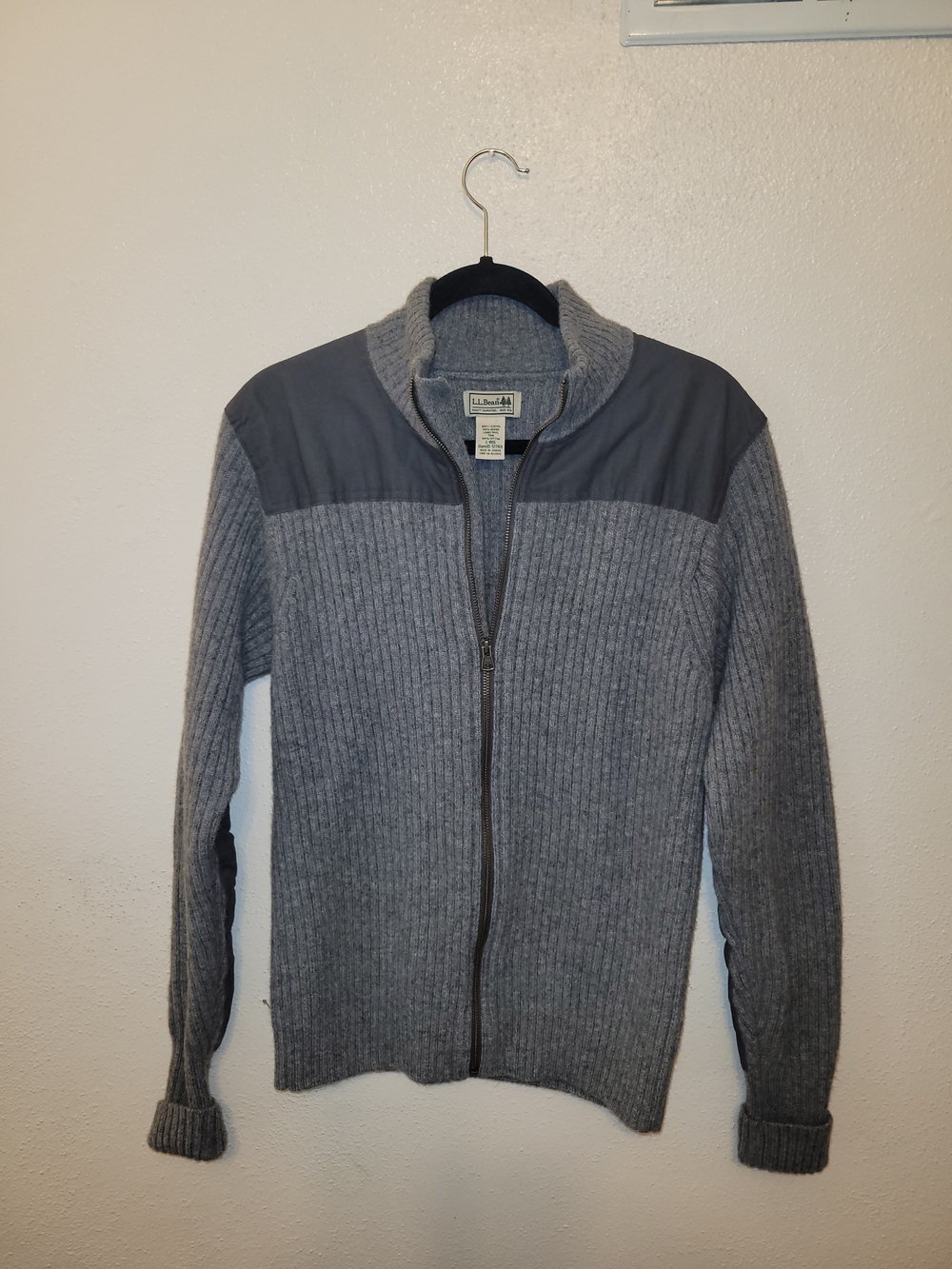 L.L.Bean Merino Lambswool Full Zip Sweater Men's Large Gray Elbow Patches